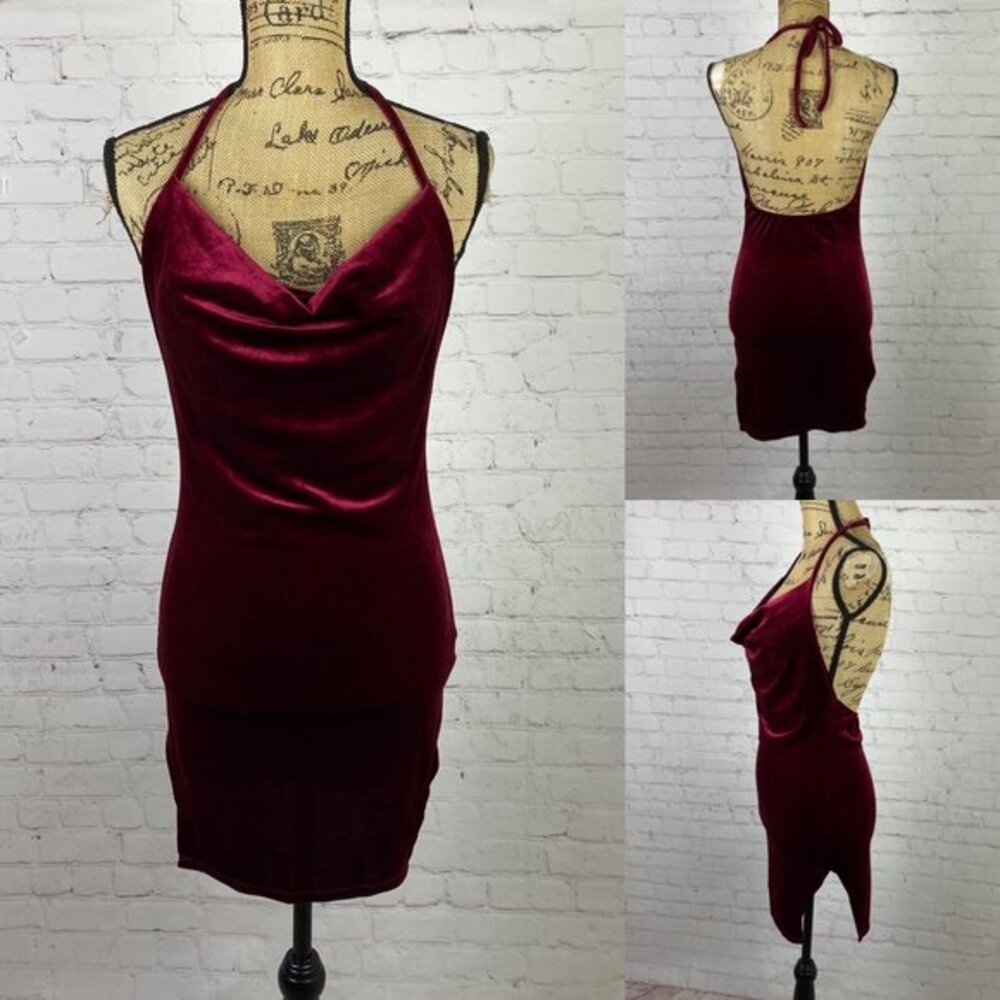 Shein Burgandy Velvet Halter Style Cowl Neck Bodycon Dress